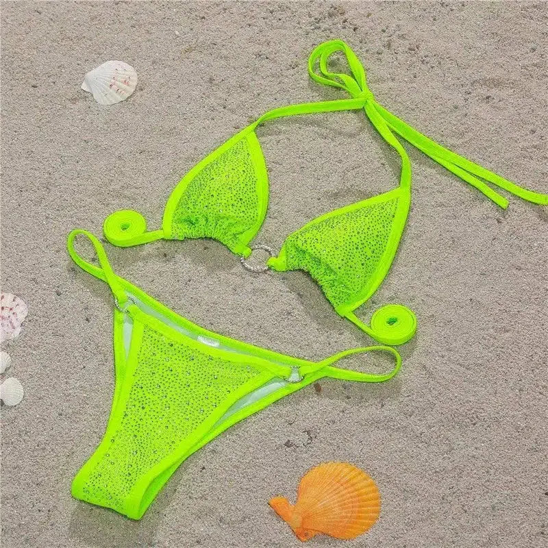 Lace up Bikini Diamond Swimsuit Split Swimsuit-Green-6