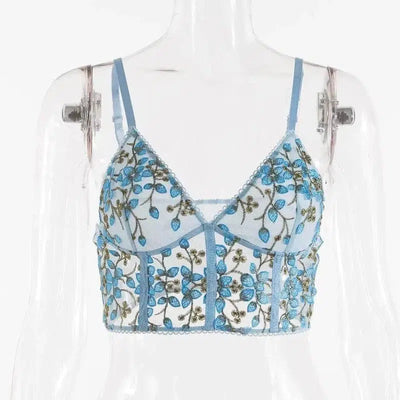 Lingerie See-through Lace Top Vest-Blue-2