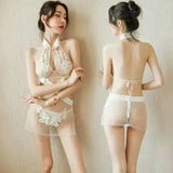 Sexy Lingerie Women's Net Yarn See-through Pajamas Cheongsam-White-2