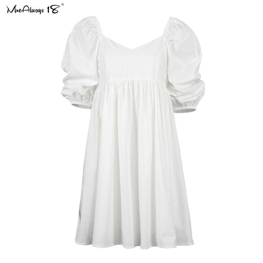 Sexy Off Shoulder White Women Dress Cotton Big Puff Sleeve-5