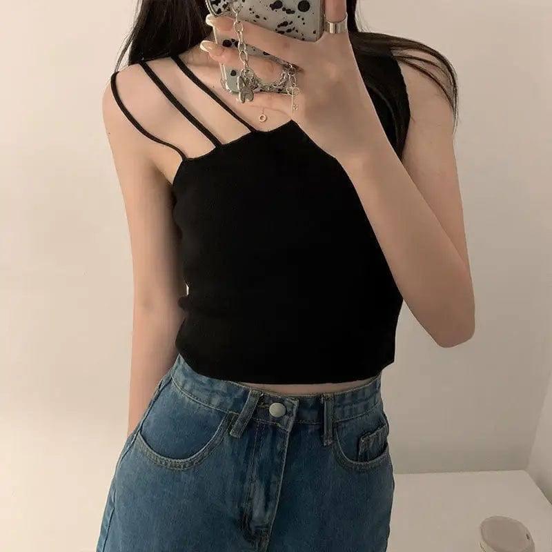 Sexy slanted shoulders crop tops-Black-3