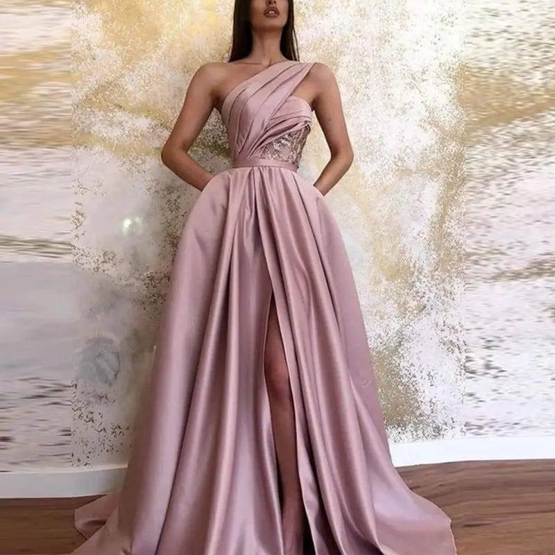 Slit Slanted Shoulder Dress Long Skirt Evening Dress-3