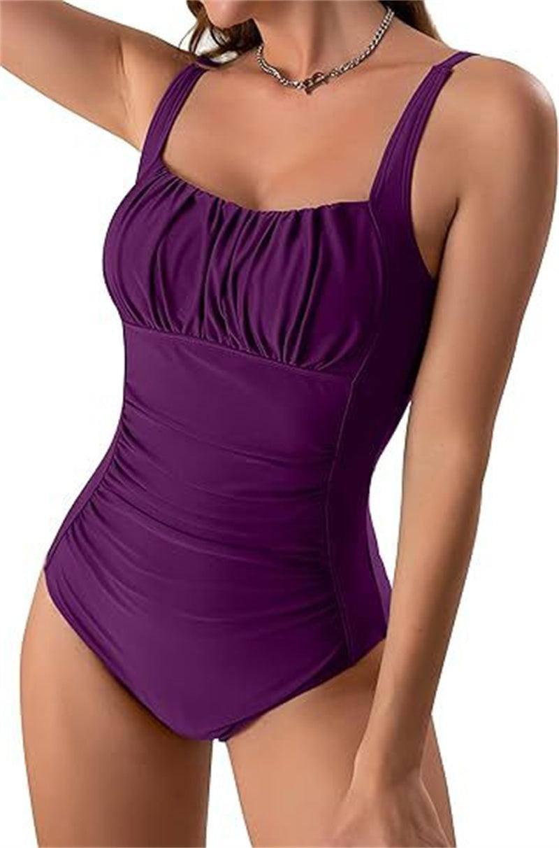 Square Neck One-piece Bikini Summer New Solid Color-Purple Red-16