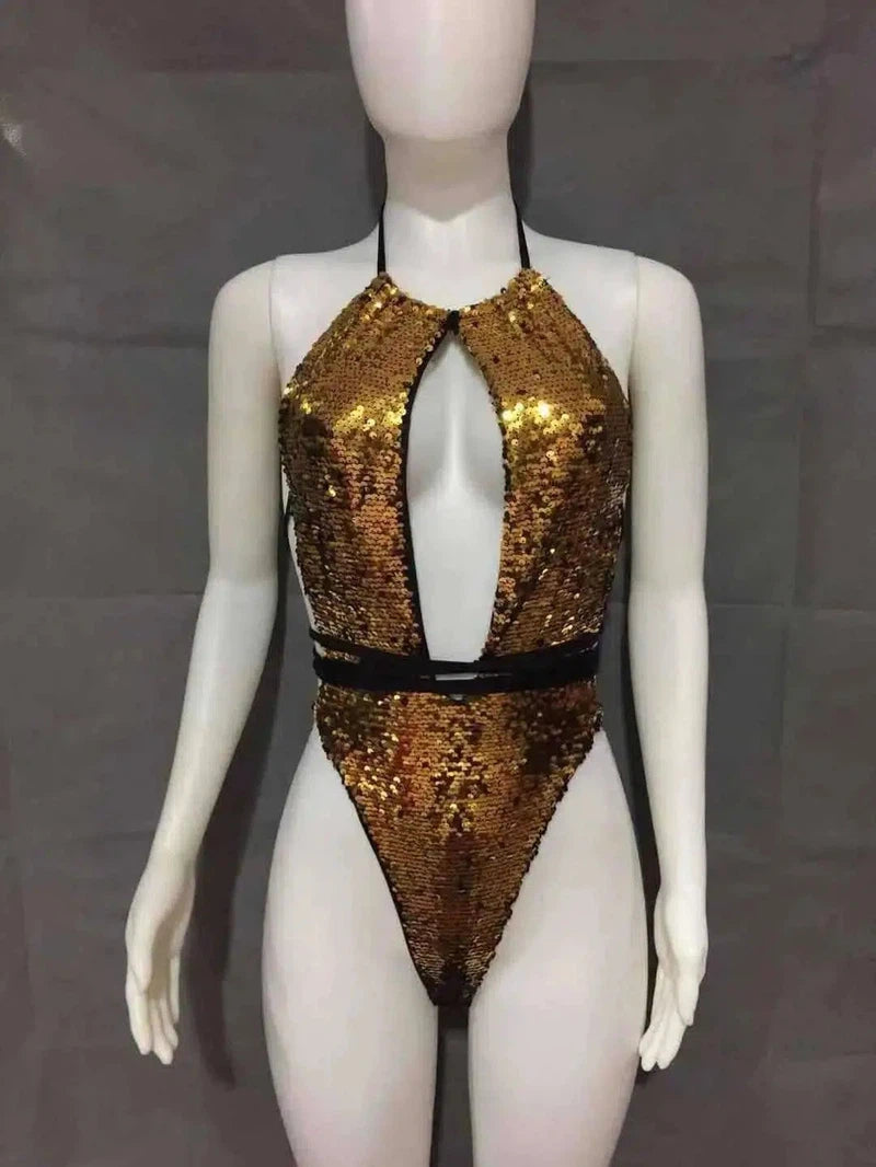 Strappy One-piece Swimsuit Halterneck Sequin Bikini-Gold-4