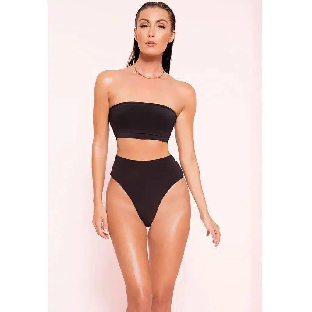 Sexy Two-Piece Breast Wrap Swimsuit Bikini Set Tube Top Set-Black-7