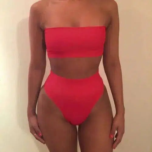 Sexy Two-Piece Breast Wrap Swimsuit Bikini Set Tube Top Set-Red-8