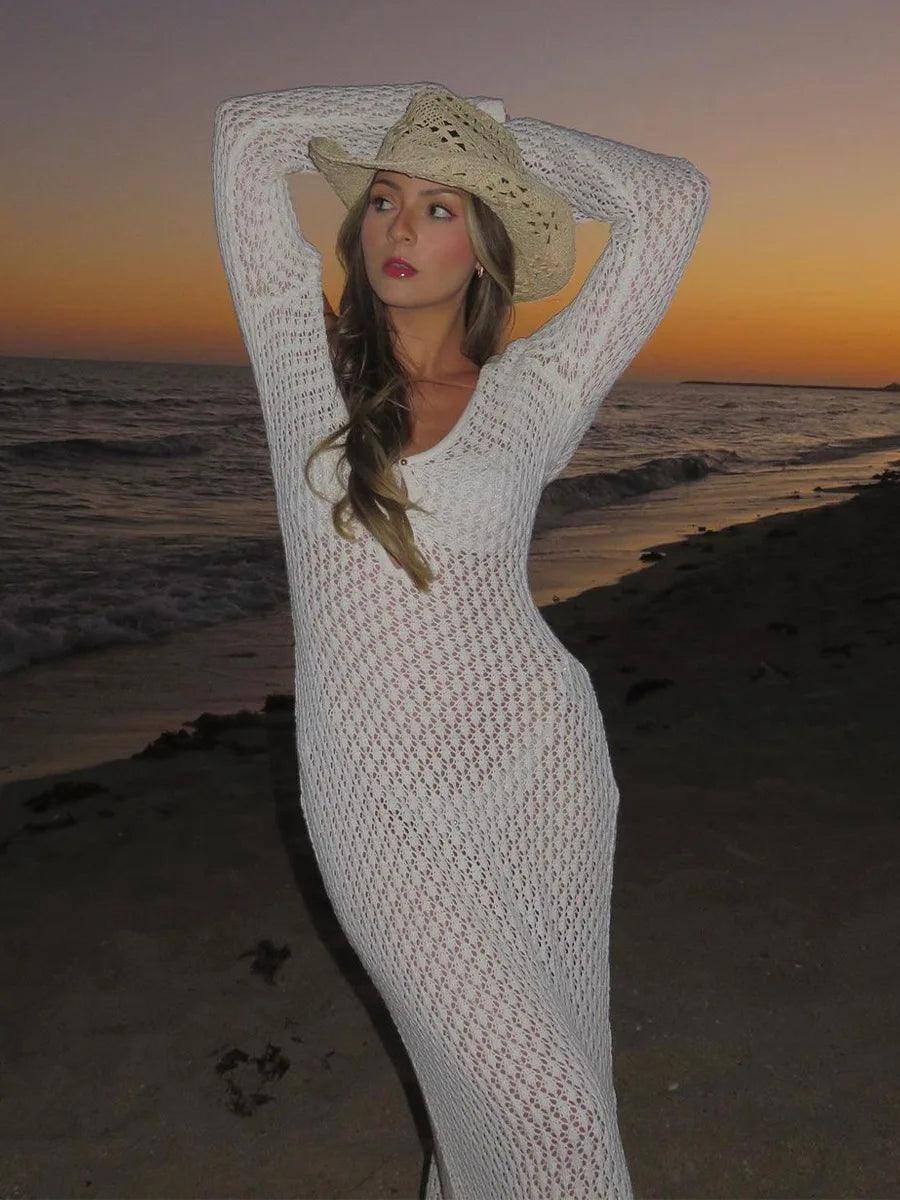 Sexy Women White Long Knit Sleeve Bikin Fashion Cover up-2