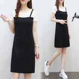 Short sleeve mid long fake two piece suspender dress summer-4