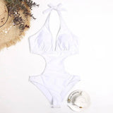 Simple Solid Color Hollow One-piece Bikini Swimsuit-White-6