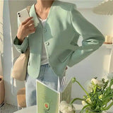 Simple V-neck Single-Breasted Casual Suit Jacket Women-Green-4