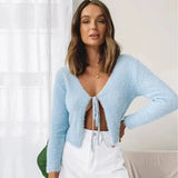 Sky Blue Velvet Cardigan Coats Women Crop Tops V-neck-1