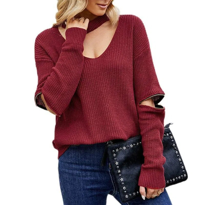 Sleeve Zipper Solid Color And V-neck Halter Sweater For-7