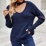 Sleeve Zipper Solid Color And V-neck Halter Sweater For-Navy Blue-9