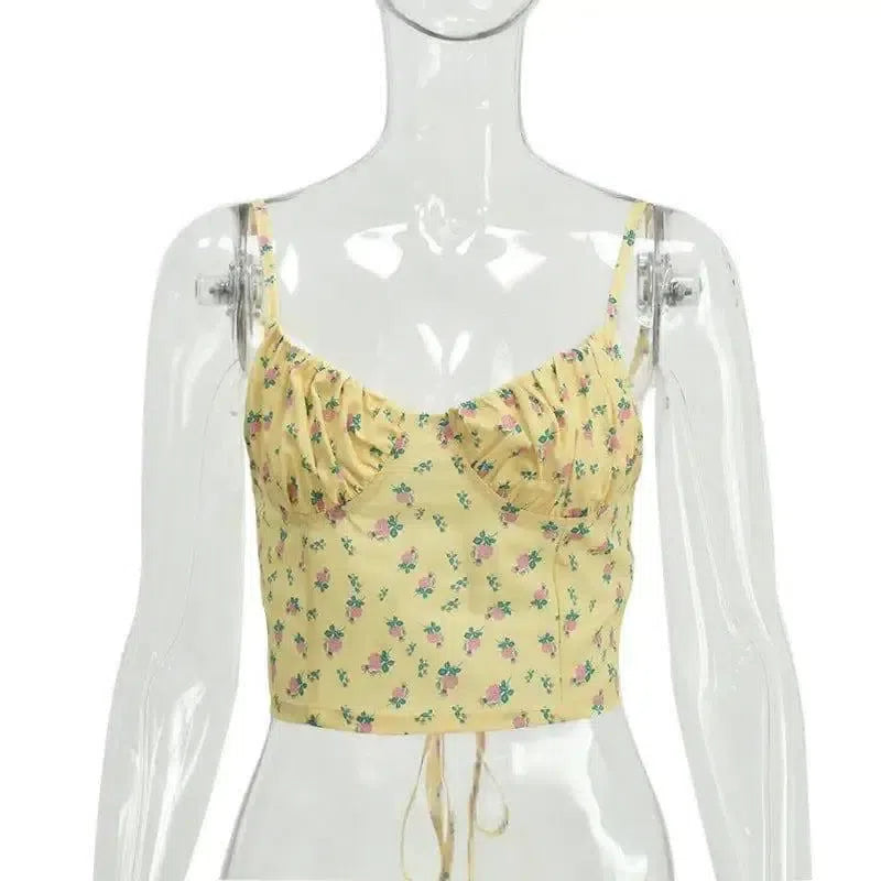 Sleeveless Floral Adjustable Camisole Super Crop Slim Top-Apricot-2