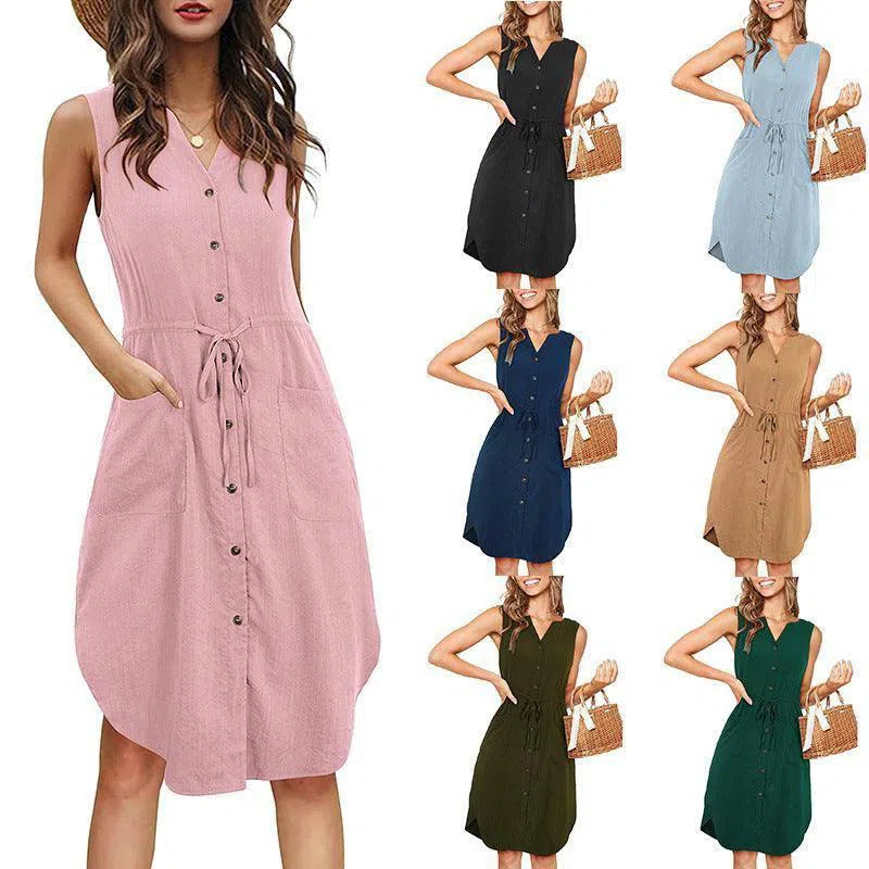 Sleeveless V-neck Buttoned Dress With Pockets Fashion Casual Waist Tie Design Summer Dress Womens Clothing-1