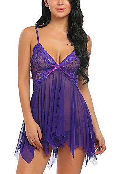 Sling Sexy Lingerie Lace Side Deep V Sexy Pajamas-Purple-5