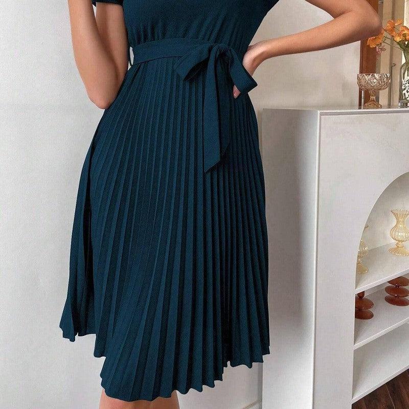 Solid Color Belt Pleated Batwing Sleeve Women Long Dress-4