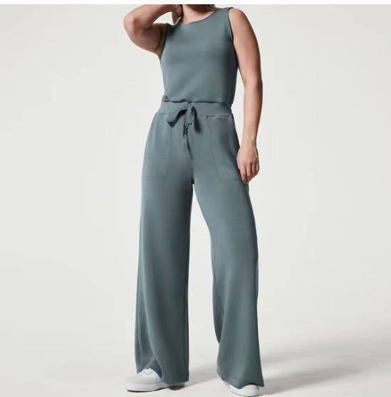 Solid Color Jumpsuit Sleeveless Tops Tie Elastic Pants Romper-Grey blue-11