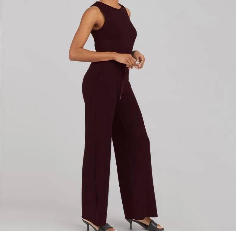 Solid Color Jumpsuit Sleeveless Tops Tie Elastic Pants Romper-Dark purple-13