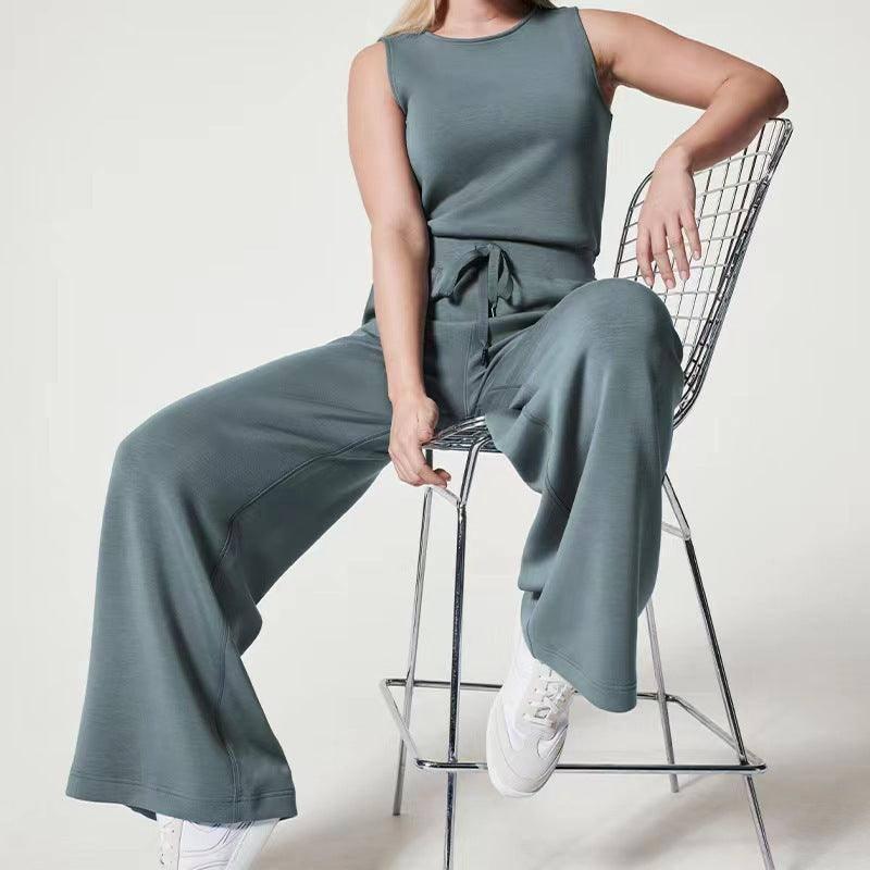 Solid Color Jumpsuit Sleeveless Tops Tie Elastic Pants Romper-2