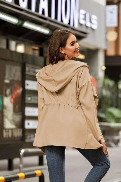 Solid color mid-length hooded trench coat-Khaki-3