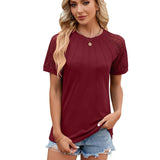 Solid Color Round Neck Top Women's Lace Hollow Design Short-Wine Red-2