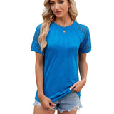 Solid Color Round Neck Top Women's Lace Hollow Design Short-Peacock Blue-6