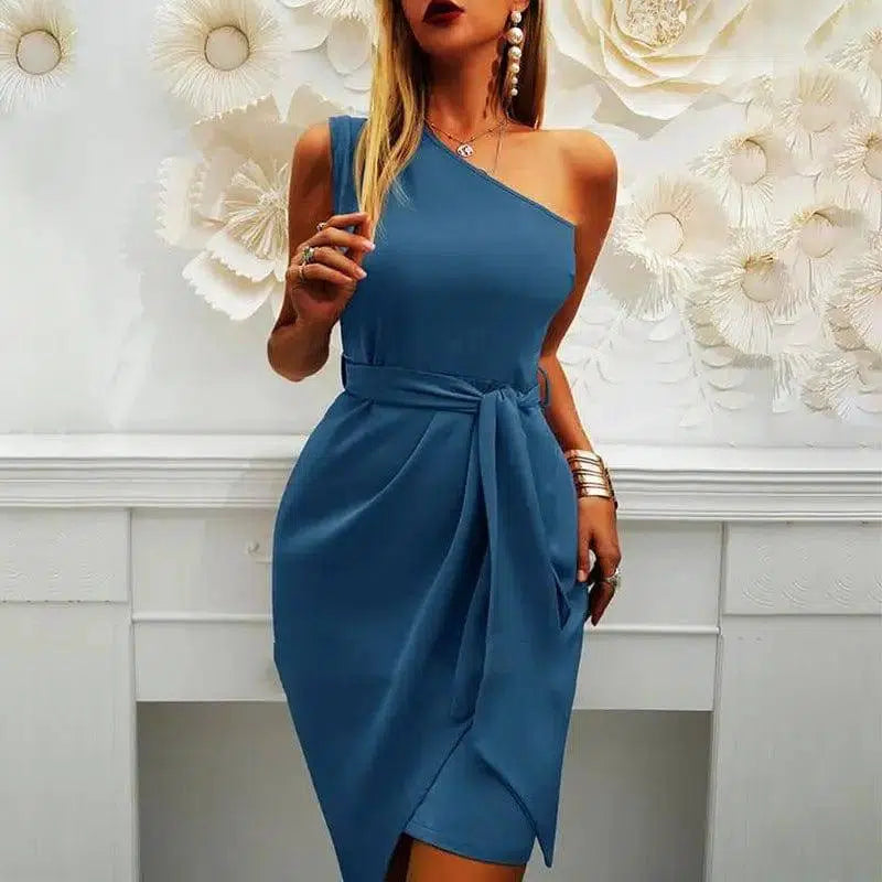Solid Color Sleeveless Slanted Shoulder Irregular Tie Party-Blue-6