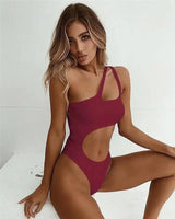 Solid Irregular Bikini - Women's One-Piece Swimsuit-Winered-3