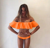 Split ruffled bikini solid color swimsuit-orange-2