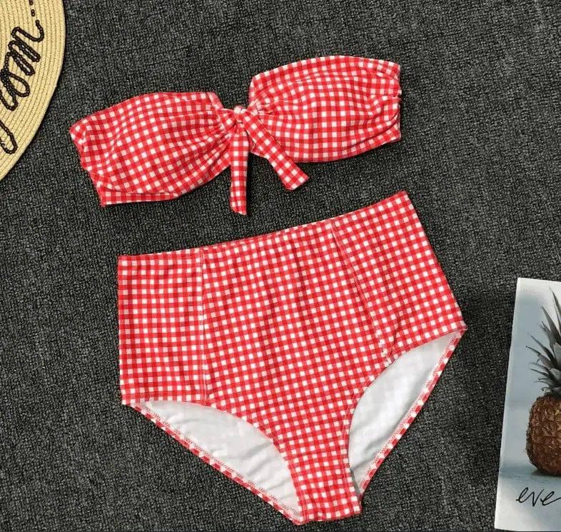 Split swimsuit red plaid V-neck lace sexy high waist bikini-gules-2