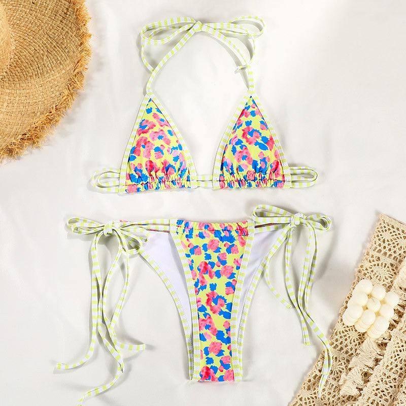 Split swimsuit women's contrasting print strap sexy bikini-yellow-10