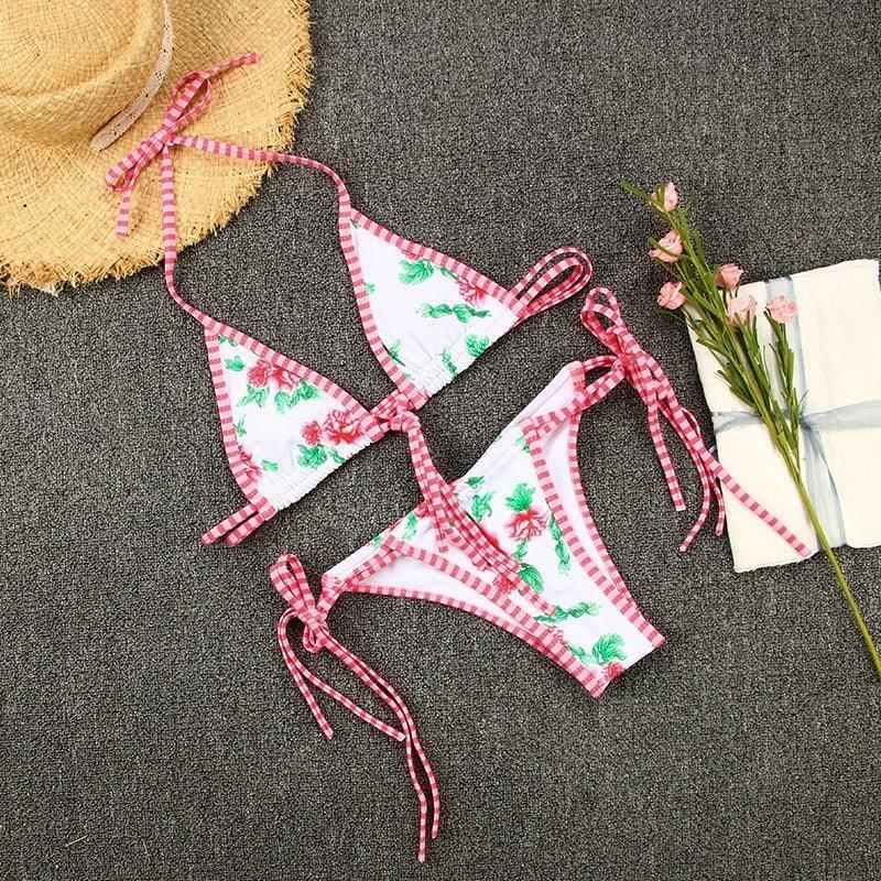 Split swimsuit women's contrasting print strap bikini-白色-8