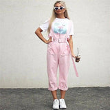 Strap rivet casual pants bib female-Pink-7