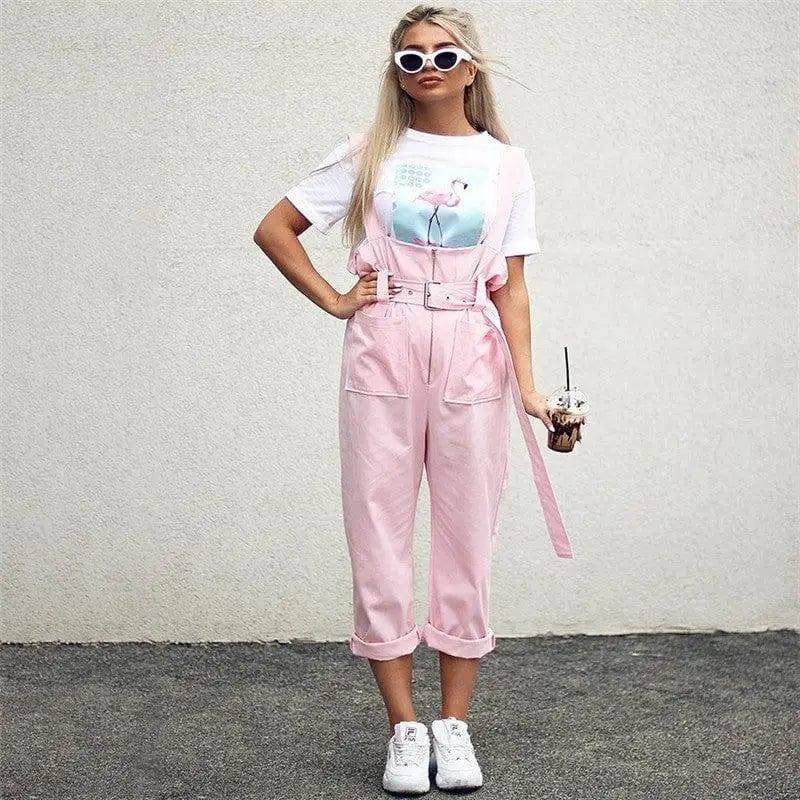 Strap rivet casual pants bib female-Pink-8