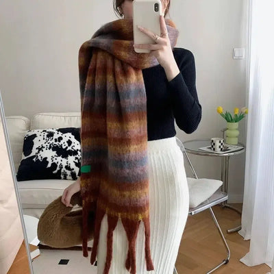 Striped Cashmere Thick Scarf With Contrast Color-Coffee-1