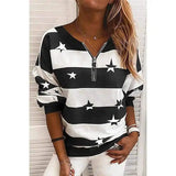 Striped Printed Long-Sleeved Zipper Loose Casual Sweater-Black-7