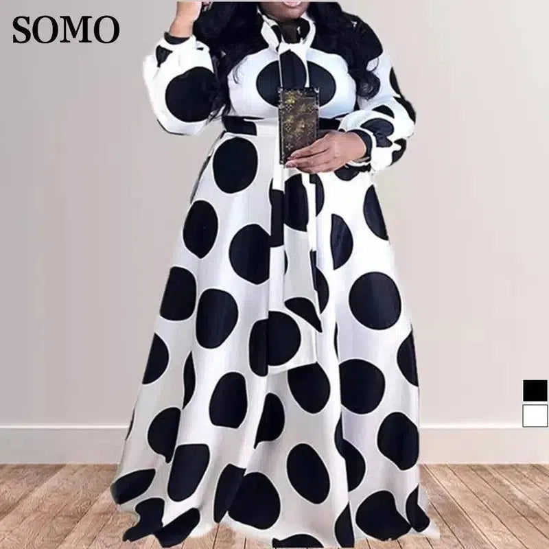 Plus Size Clothing Women Boho Long Maxi Dress 5XL Casual Dots Dresses Bow Elegant Ladies Big Shirt Dress Wholesale Dropshipping-1