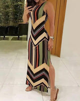 Colorful Striped Print Side Slit Maxi Dress Women-3