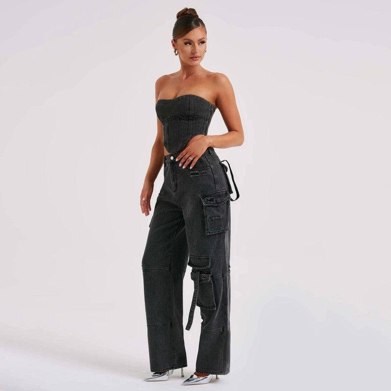 Stylish Denim Outfit: Trendy Strapless Top & Cargo Jeans-Black-2