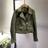 Suede leather women motorcycle leather plush fleece jacket-Green-4