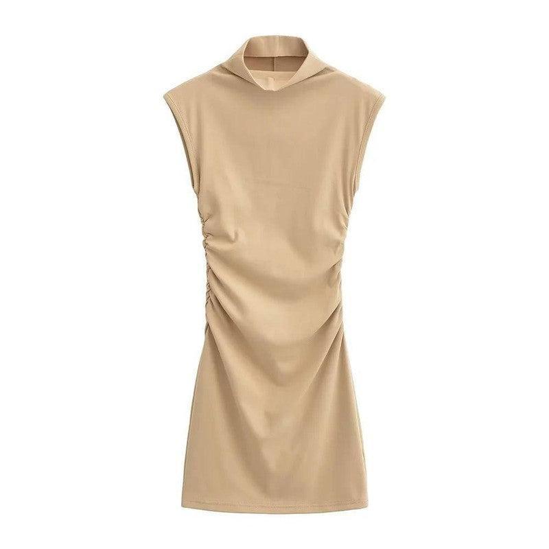 Summer New Slim Sleeveless Tight Half Turtleneck Dress Women-Khaki-8