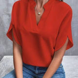 Summer New V-neck Shirt Women's Pure Color Casual Versatile-Red-10