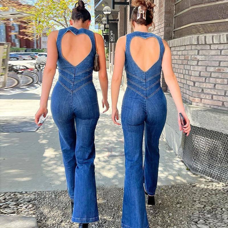 Summer Slim Heart-shape Backless Denim Jumpsuit Women Halter-1