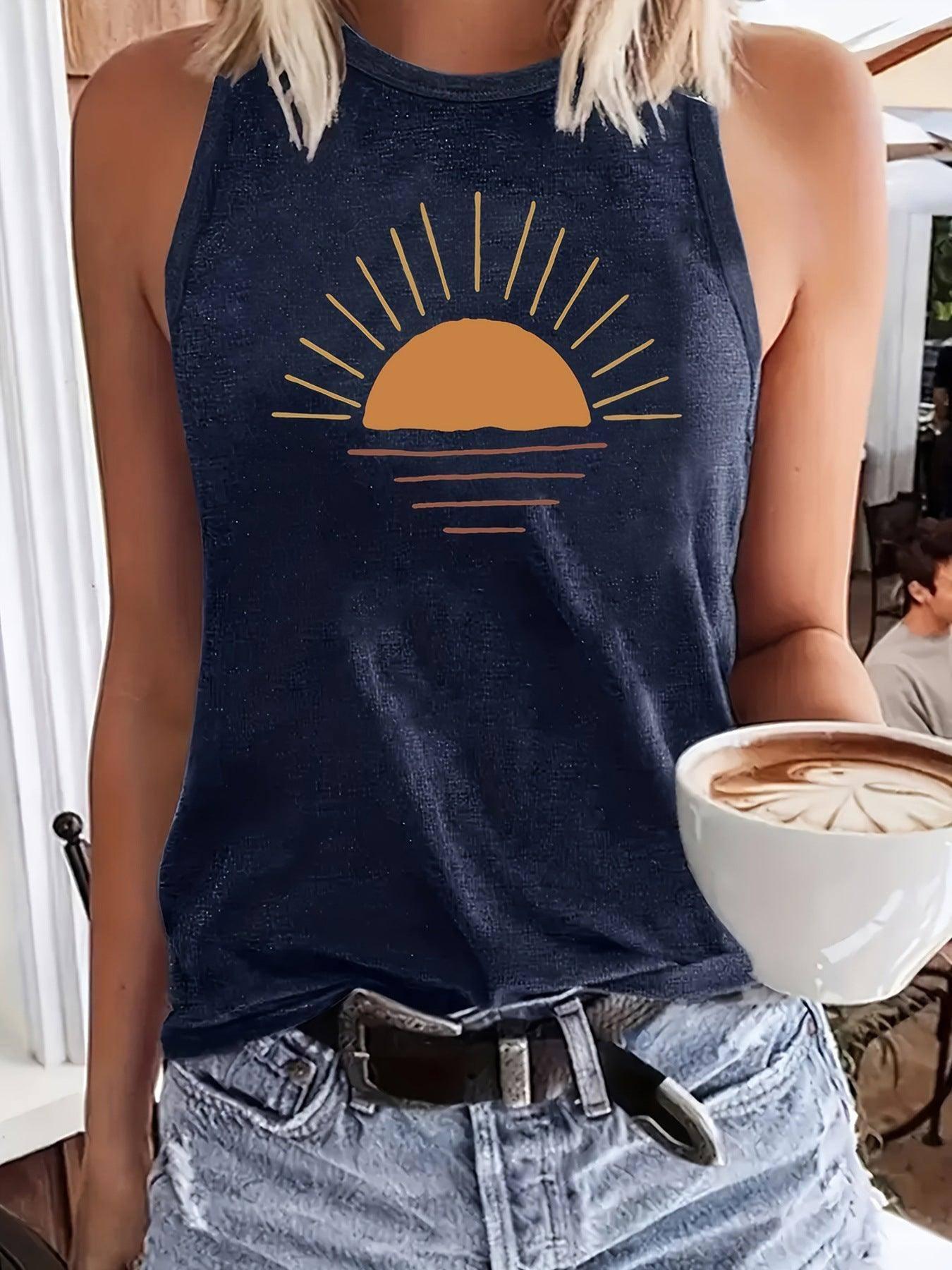 Sunrise Printed Round Neck Vest Spring And Summer Casual-Dark Blue-8