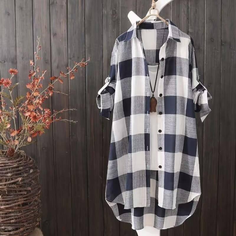 Sunscreen shirt women's medium length plaid shirt women's-dark blue-3