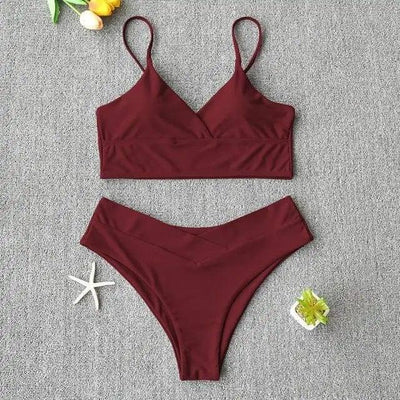 Swim Suit Swimsuit Women Two Piece Swimwear Beach Bikini 27-WineRed-6