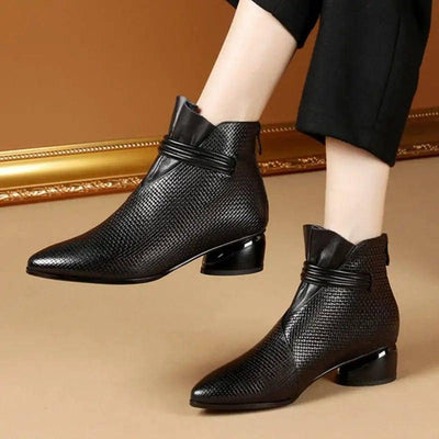 Thick Heel Round Toe Soft Leather Plus Size Fashion Short-Black-1