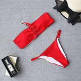 Thin Striped Briefs Split Bikini Swimsuit Solid Color-Red-4