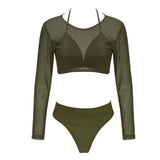 Three-piece Solid Sexy See-through Bikini-ArmyGreen-4